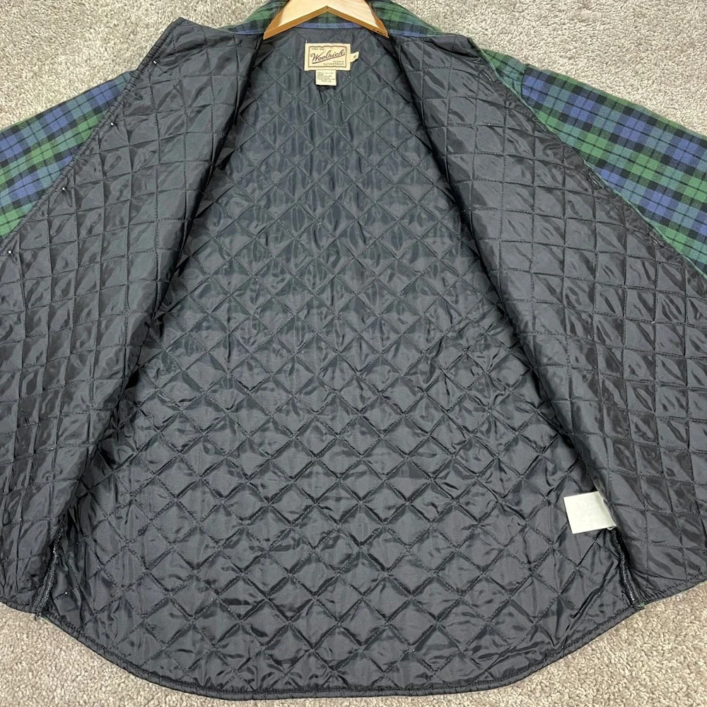 Woolrich Button Down Flannel Mens Medium Green Blue Plaid Quilted Lining Shacket - Picture 3 of 9